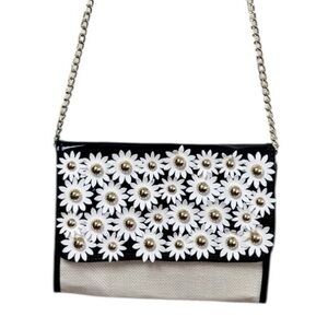 Lulu Floral Chain Strap Shoulder Bag - Black and White